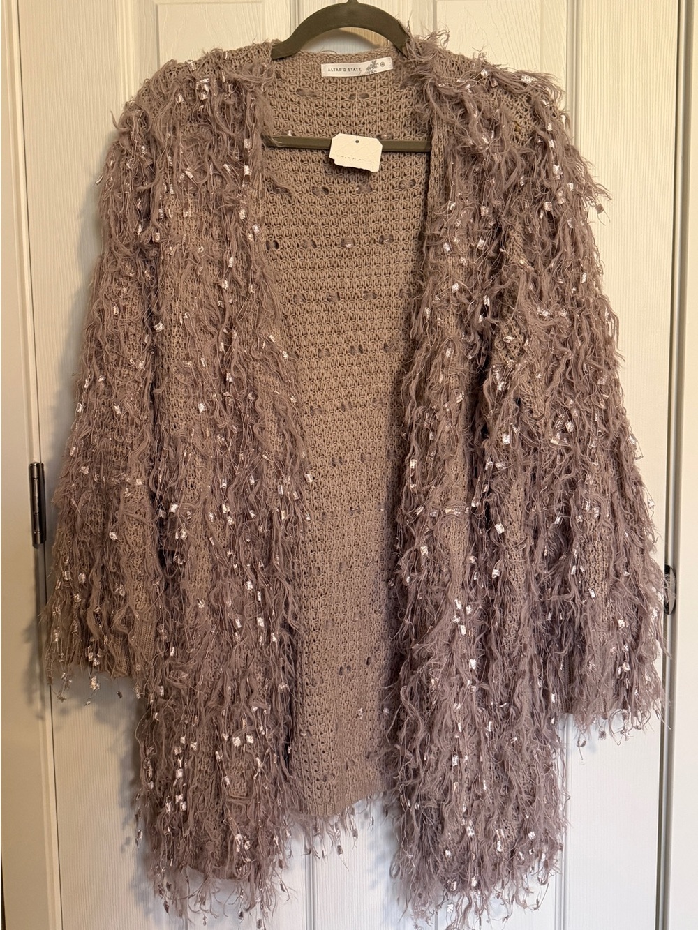 NWT Altar’d State Western Shaggy Fringe Sparkle Open Cardigan Size XS Boho Cozy - Picture 2 of 6